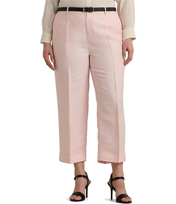 Lauren Ralph Lauren Plus Size Pleated Linen-Blend Twill Cropped Wide-Leg Pants, Womens, 18W, Pink Opal