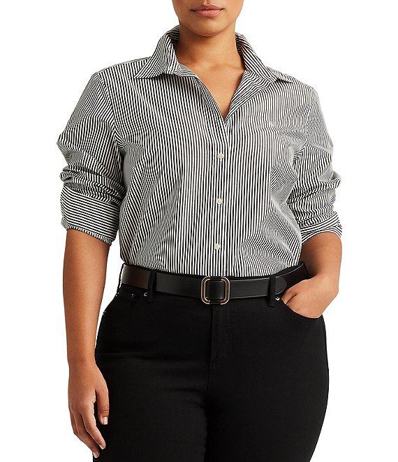 Lauren Ralph Lauren Plus-Striped Easy Care Cotton Shirt, Blue, White, Size 2x