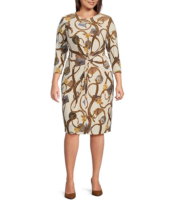 Lauren Ralph Lauren Plus Size Printed Stretch Jersey Round Neck 3 4 Sleeve Front Twist Sheath Dress