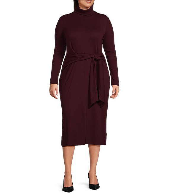 Lauren Ralph Lauren Plus Size Royal Claret Velvet Turtleneck Long Sleeves Self Tie Slim Fit Dress Dillard s