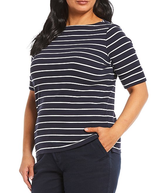 Lauren Ralph Lauren Plus Size Stripe Boat Neck Short Sleeve T-Shirt |  Dillard's