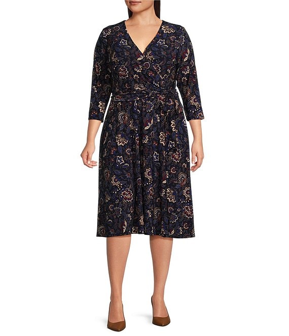 Lauren Ralph Lauren Plus Size Surplice V Neck 3 4 Sleeve Belted Stretch Jersey Midi Dress Dillard s