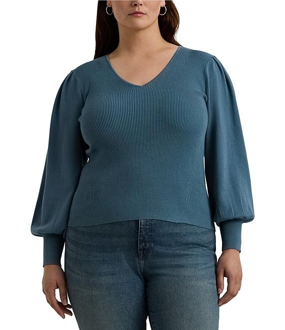 Lauren Ralph Lauren Plus Size V Neck Voluminous Long Blouson Sleeve Slim Fit Sweater Dillard s