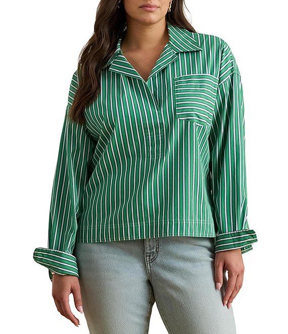 Lauren Ralph Lauren Plus Size Yarn-Dyed Cotton Broadcloth Stripe Spread Collar Long Sleeve Boxy Shirt, Green/White Multi - Image 1