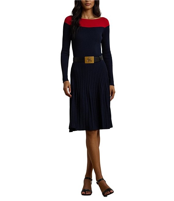 Lauren Ralph Lauren Pointelle Knit Color Block Boat Neck Long Sleeve Pleated Fit and Flare Dress