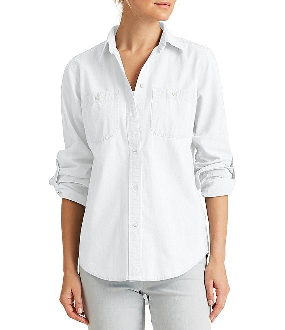 Lauren Ralph Lauren Long Roll-Tab Sleeve Button Front Cotton Shirt ...