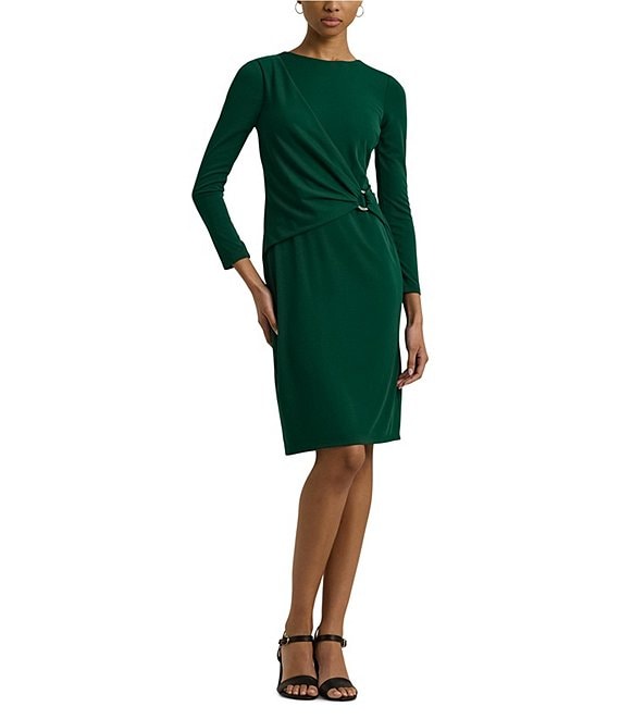 Lauren Ralph Lauren Round Neck 3 4 Sleeve Drape Front Jersey Sheath Dress