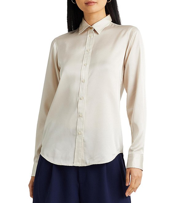 Lauren Ralph Lauren Satin Point Collar Long Sleeve Shirt
