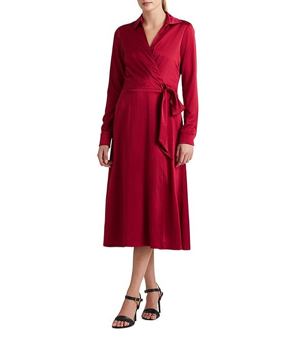 Color:Red - Image 1 - Satin Point Collar Side Sash Long Sleeve Faux Wrap Midi Dress