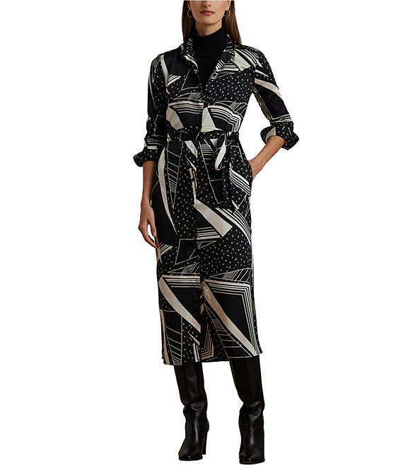 Lauren Ralph Lauren Selam Geometric Band Collar Long Sleeve Belted Button Front Shirtdress Dillard s