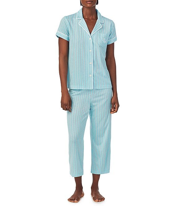 Lauren Ralph Lauren Short Sleeve Notch Collar Capri Pant Knit Striped Pajama Set, Womens, M, Turquoise Stripe