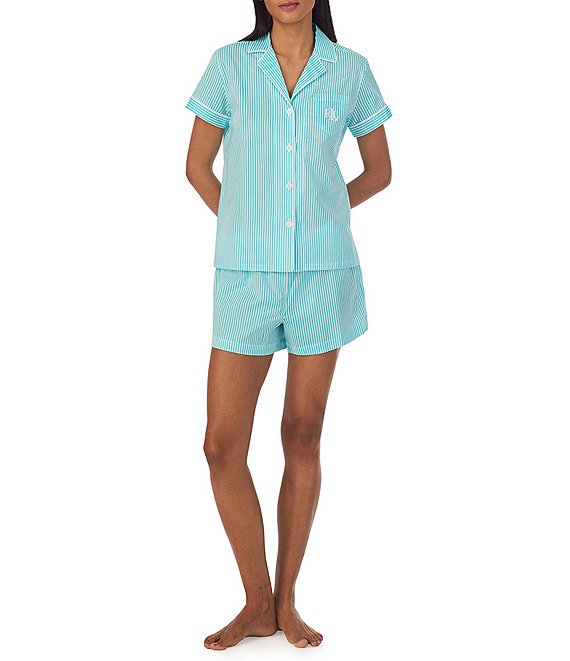 Lauren Ralph Lauren Short Sleeve Notch Collar Embroidered Chest Pocket Woven Striped Shorty Pajama Set - XL