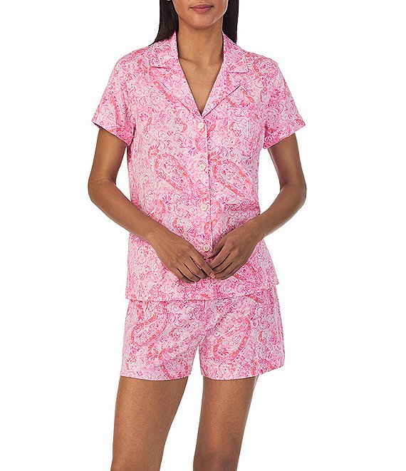 Lauren Ralph Lauren Short Sleeve Notch Collar Jersey Knit Paisley Shorty Pajama Set - M
