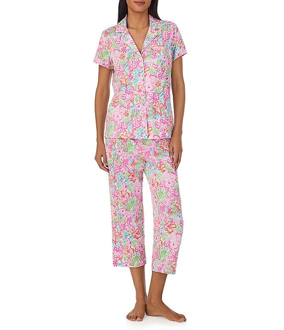 Lauren Ralph Lauren Short Sleeve Notch Collar Knit Multi Floral Capri Pajama Set - L