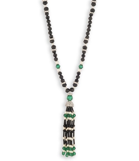 Lauren Ralph Lauren Silver Tone Deco Beaded Tassel Y-Necklace