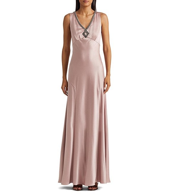 Lauren Ralph Lauren Solid Satin Charmeuse V-Neck Sleeveless Pleated Bodice  Gown | Dillard's