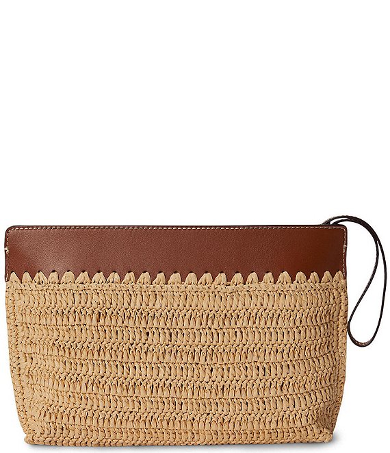 Lauren Ralph Lauren Leather Trim Crocheted Straw Top Zip Pouch