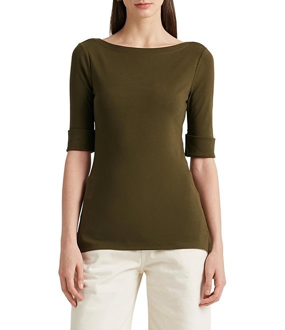 Color:Green - Image 1 - Stretch Cotton Blend Boat Neck Short Rolled Sleeve Shirt
