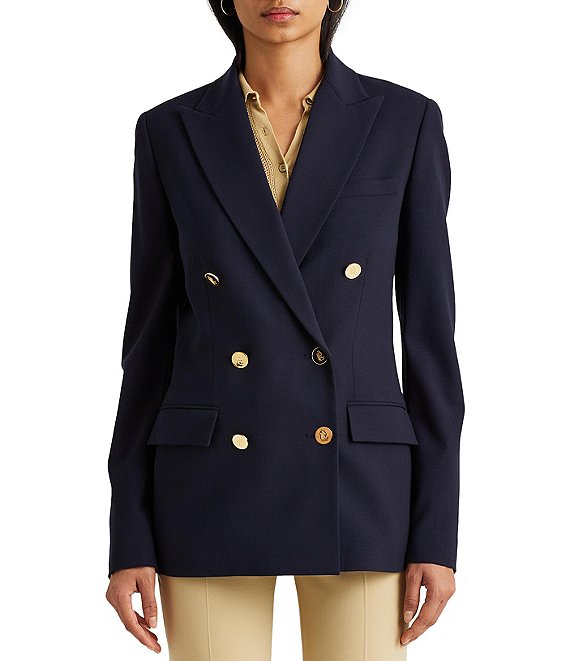 Color:Lauren Navy - Image 1 - Stretch Crepe Wool Blend Notch Lapel Long Sleeve Double Breasted Blazer