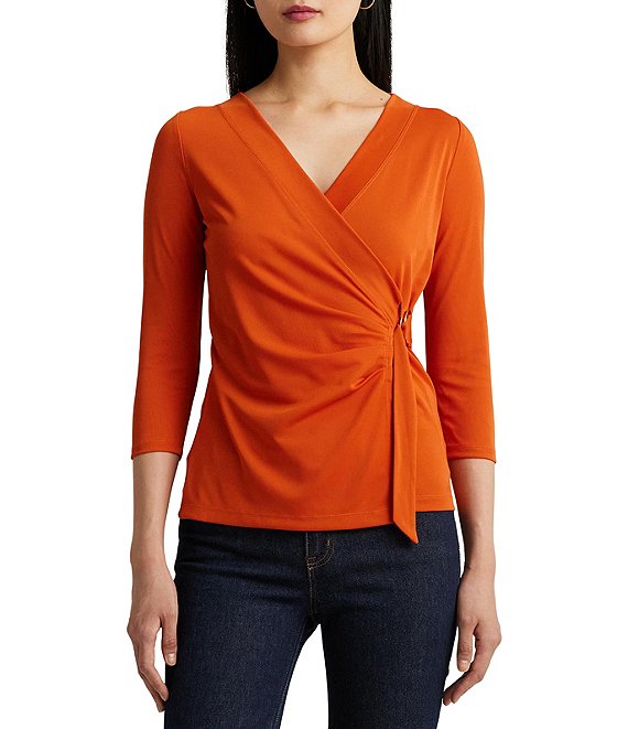 Color:Harvest Orange - Image 1 - Stretch Jersey Surplice V-Neck 3/4 Sleeve Top