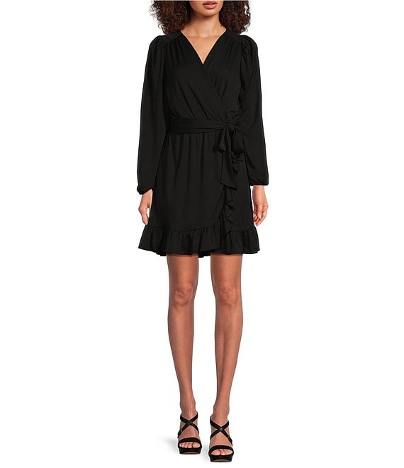 Lauren Ralph Lauren Stretch Jersey Surplice V Neck Long Sleeve Belted Mini Dress