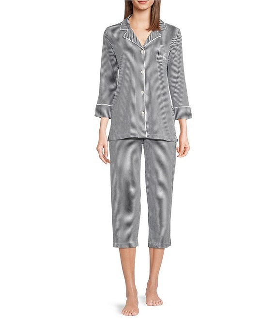Lauren Ralph Lauren Stripe Print Jersey Knit Notch Collar 3/4 Sleeve Capri  Pajama Set | Dillard's