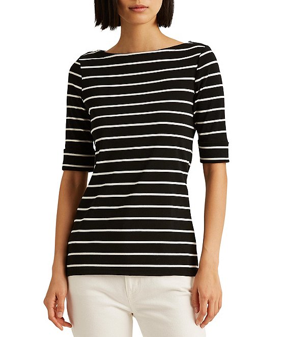 Lauren Ralph Lauren Stripe Stretch Boat Neck Short Sleeve Shirt | Dillard's