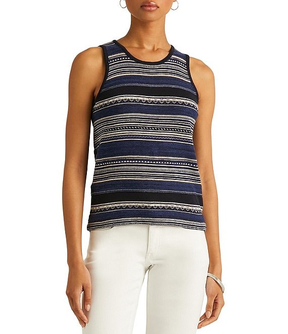 Color:French Navy Multi - Image 1 - Striped Jewel Neck Sleeveless Sweater Top