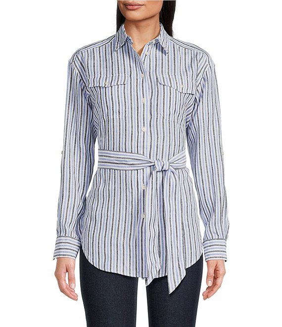 Lauren Ralph Lauren Striped Print Point Collar Neck Long Roll-Tab