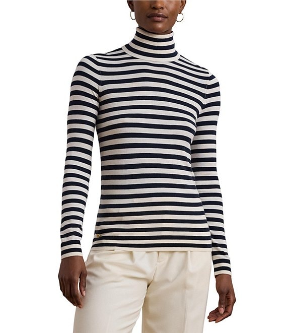 Lauren Ralph Lauren Women s Striped Silk Blend Turtleneck Sweater Lauren Navy Mascarpone Cream Size S