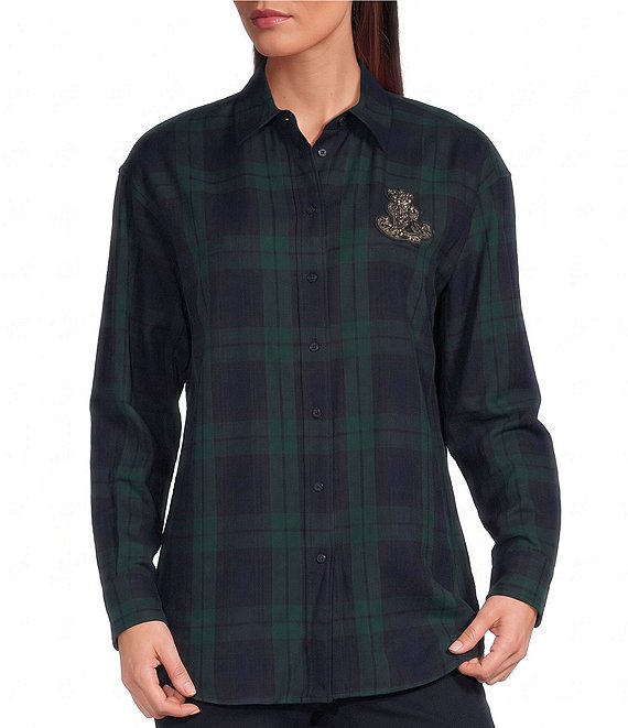 Lauren Ralph Lauren Twill Plaid Point Collar Long Sleeve Top