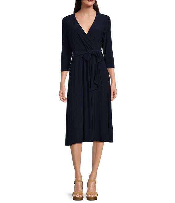 Lauren Ralph Lauren V-Neck 3/4 Sleeve A-Line Midi Dress | Dillard's