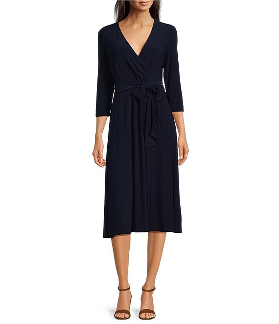 Lauren Ralph Lauren V-Neck 3/4 Sleeve A-Line Midi Dress | Dillard's