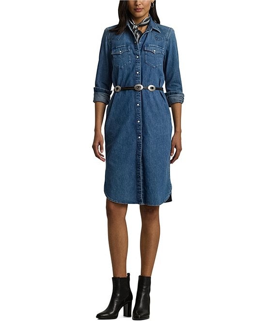 Lauren Ralph Lauren Western Long Sleeve Button Front Denim Dress