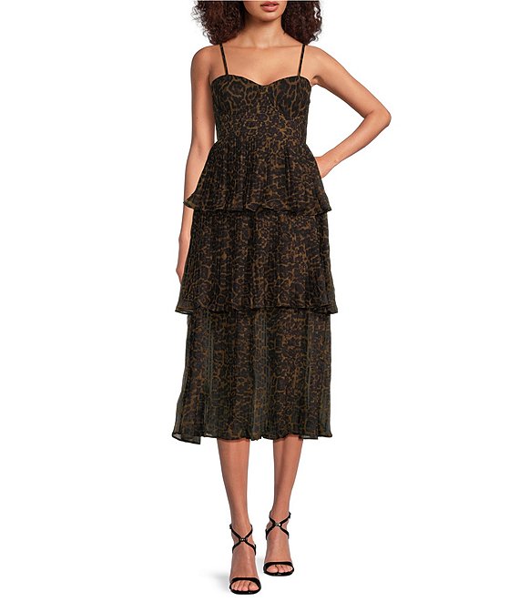 Layered With Love Regina Chiffon Animal Print Sweetheart Neck Sleeveless Tiered Midi Dress