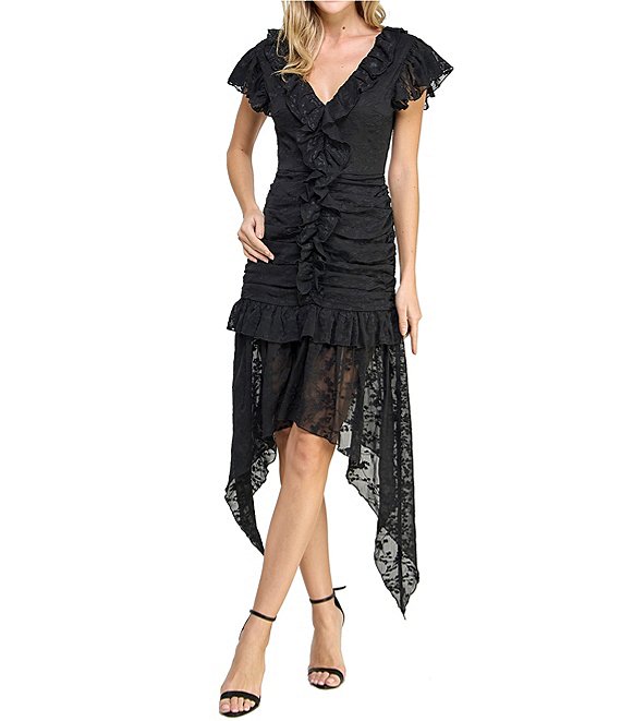 Embroidered Asymmetrical Hem Layered Black Dress Embroidered Asymmetrical Hem Layered Black Dress