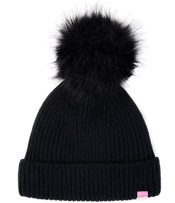 Color:Black - Image 1 - Oversized Faux Fur Pom Cuffed Beanie