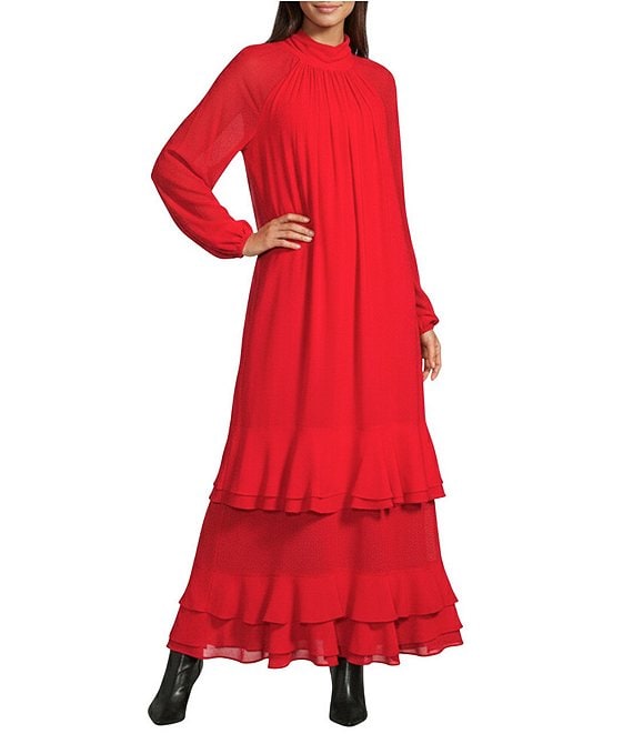 Le' AL.X Chiffon Ruched Mock Neck Long Blouson Sleeve Tiered Ruffle Shift Maxi Dress