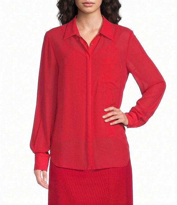 Le' AL.X Collared Long Sleeve Sheer Button Up Top