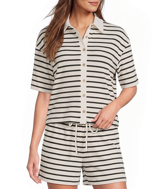 Le' AL.X Knit Striped Collared Short Sleeve Button Front Coordinating Shirt