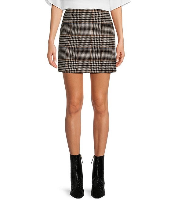 Le AL.X Wool Blend Knit Glen Plaid High Rise Mini Pencil Coordinating Skirt