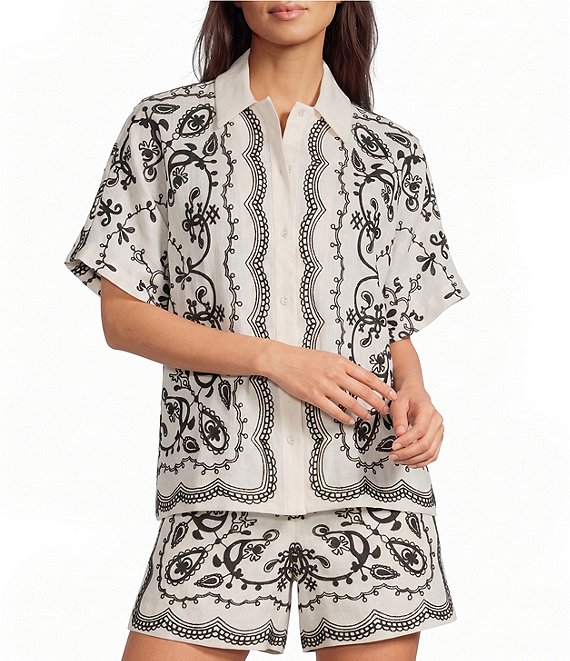 Le' AL.X Woven Embroidered Collared Short Sleeve Button Front Coordinating Shirt