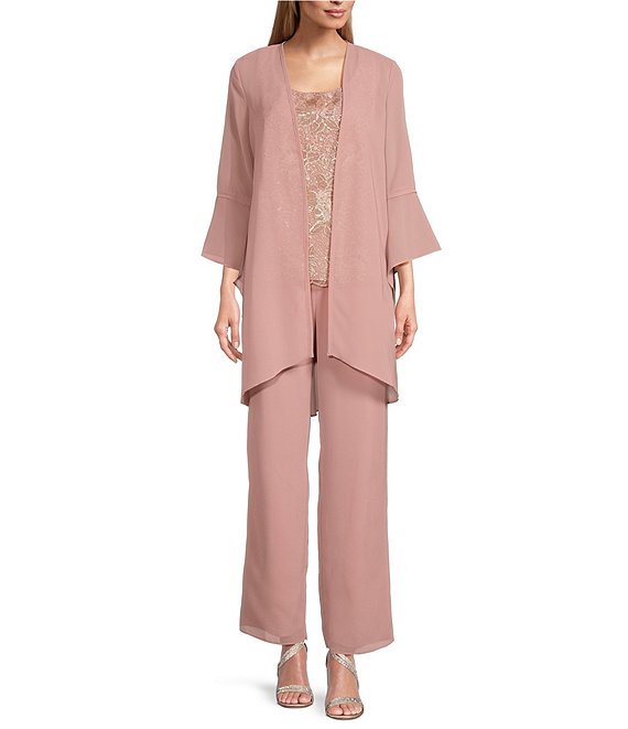 Color:Rose Gold - Image 1 - 3-Piece 3/4 Bell Sleeve Embroidered Metallic Scallop Hem Scoop Neck Duster Pant Set