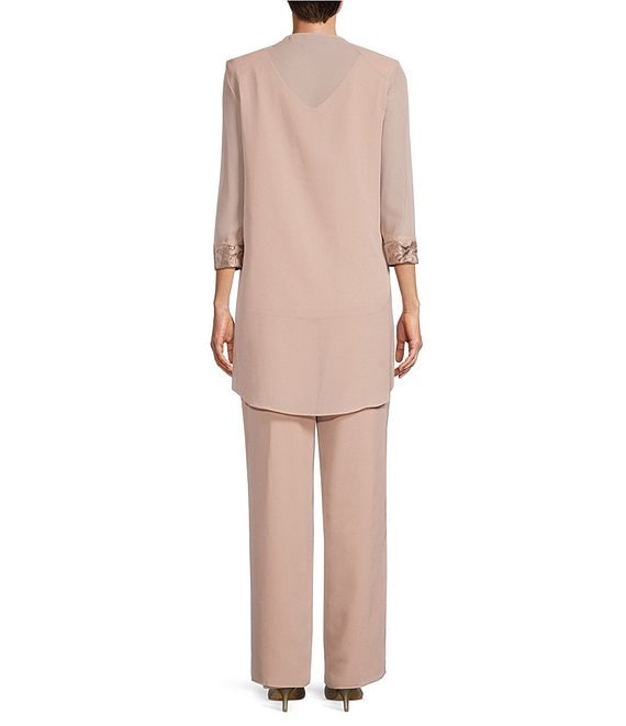 Le Bos Round Neck 3/4 Sleeve Embroidered Trim Duster 3-Piece Pant