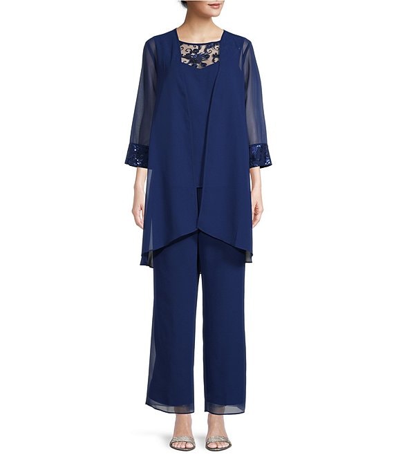 Color:Montana Blue - Image 1 - 3/4 Sleeve Embroidery Trim Pebble Georgette Round Neck 3-Piece Duster Pant Set