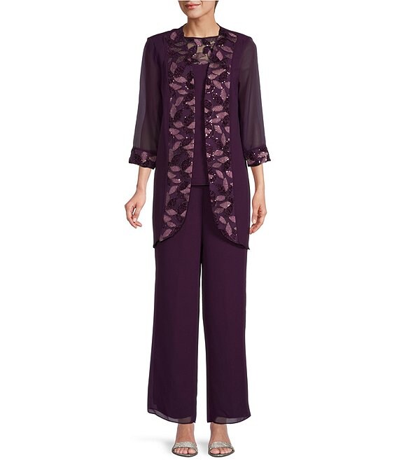 Color:Aubergine - Image 1 - Boat Neck 3/4 Sleeve 3-Piece Embroidered Trim Duster Pant Set