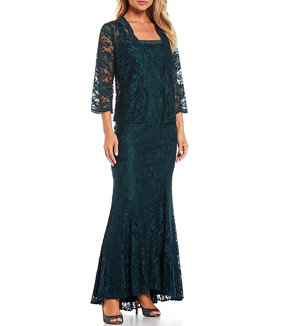Color:Mallard - Image 1 - Embroidered Stretch Floral Lace 3/4 Sleeve Square Neck 2-Piece Jacket Gown