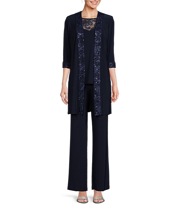 Le Bos Round Neck 3/4 Sleeve Embroidered Trim Duster 3-Piece Pant Set