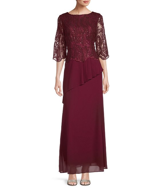 Color:Burgundy - Image 1 - Georgette Embroidered Crew Neck 3/4 Sleeve Asymmetrical Tiered Gown