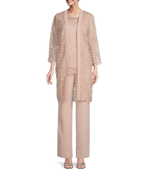 Color:Cameo - Image 1 - Lace 3/4 Sleeve Beaded Round Neck 3-Piece Duster Knit Pant Set